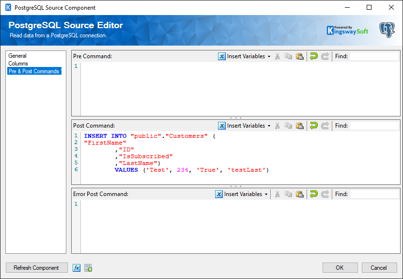 PostgreSQL Source Component - Pre and Post Commands